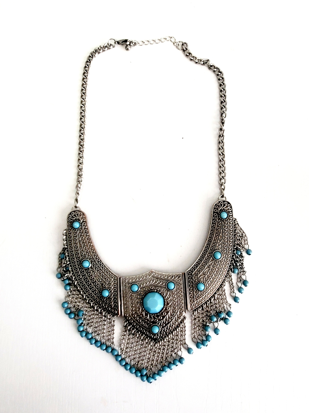 Bohemian Silver-Tone Faux Turquoise Statement Necklace
